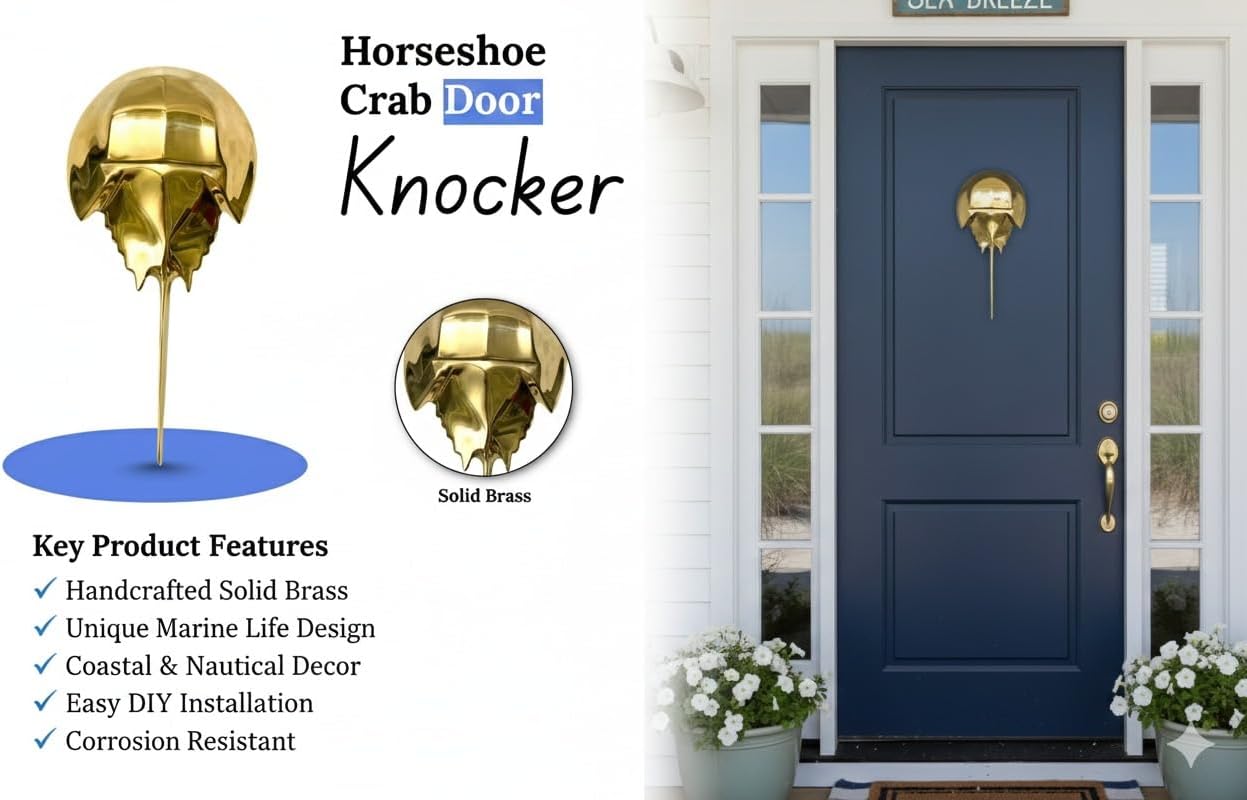 Handcrafted Maritime Horseshoe Crab Door Knocker – Solid Brass Nautical Décor, Cottages & Gifts Nautical Door Knocker – Solid Polished Decorative Front Door Hardware with Velvet Gift Case