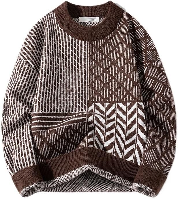 Sweater Men's Round Neck Casual Wide Contrasting Color Spliced Knit Sweater