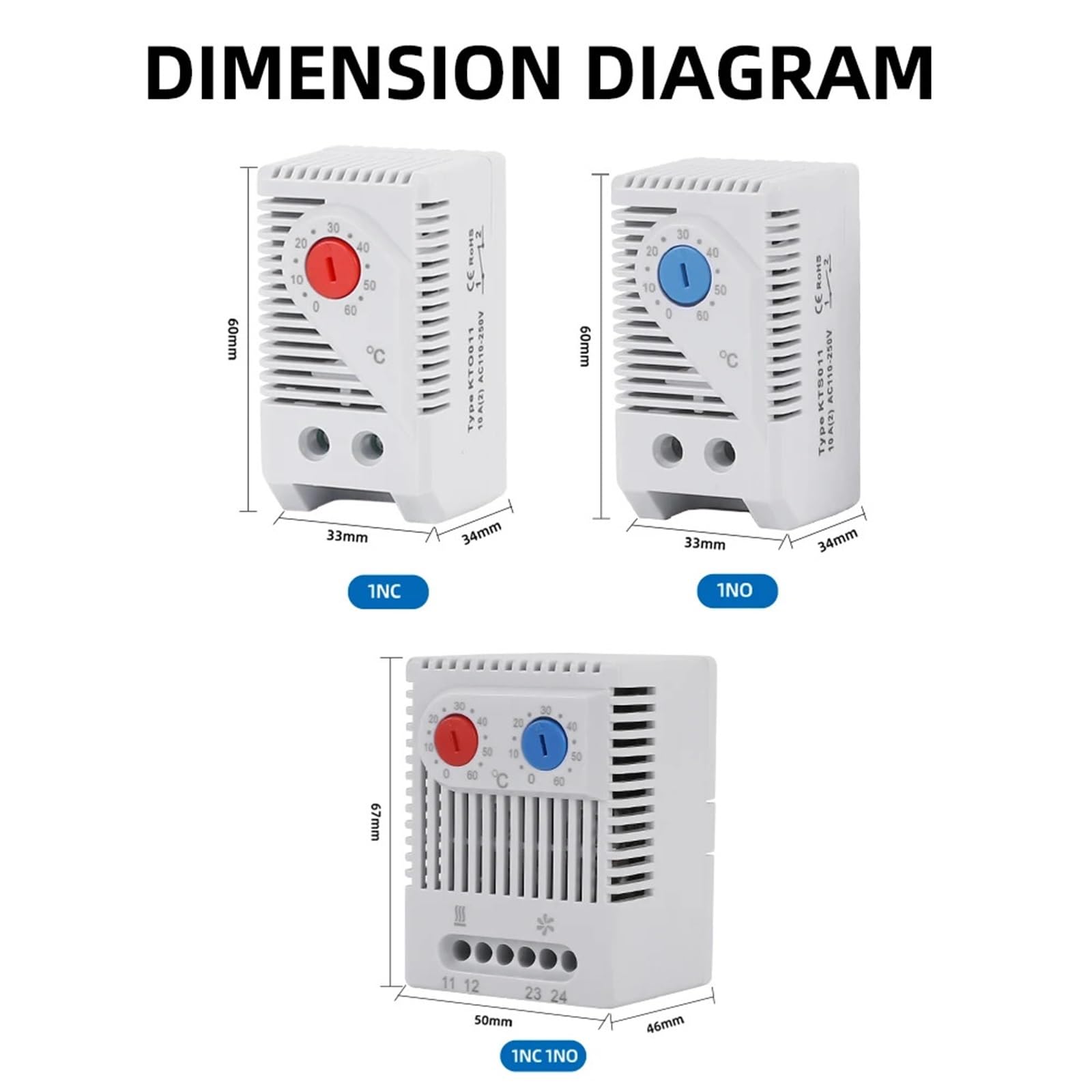 10 pz KTO011 KTS011 ZRO011 DIN rail mini termostato bimetallico compatto Regolatore di temperatura meccanico Normalmente aperto Normalmente chiuso(KTS011 Cooling)