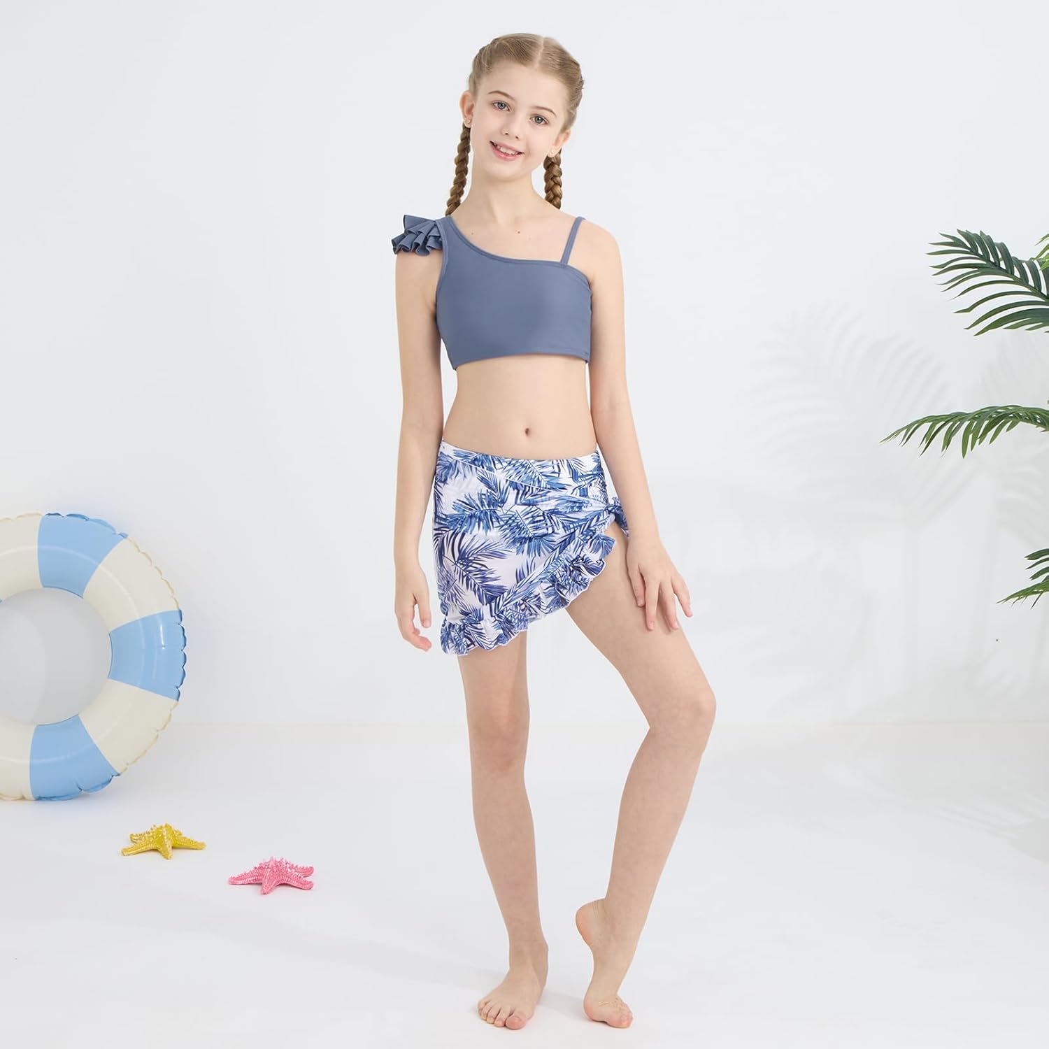 Girls Swimsuit Bikini Set 3 Piece Ruffle Adjustable Strap Kids Bathing Suit with Cover Up Skirt 7-14T - Image 2