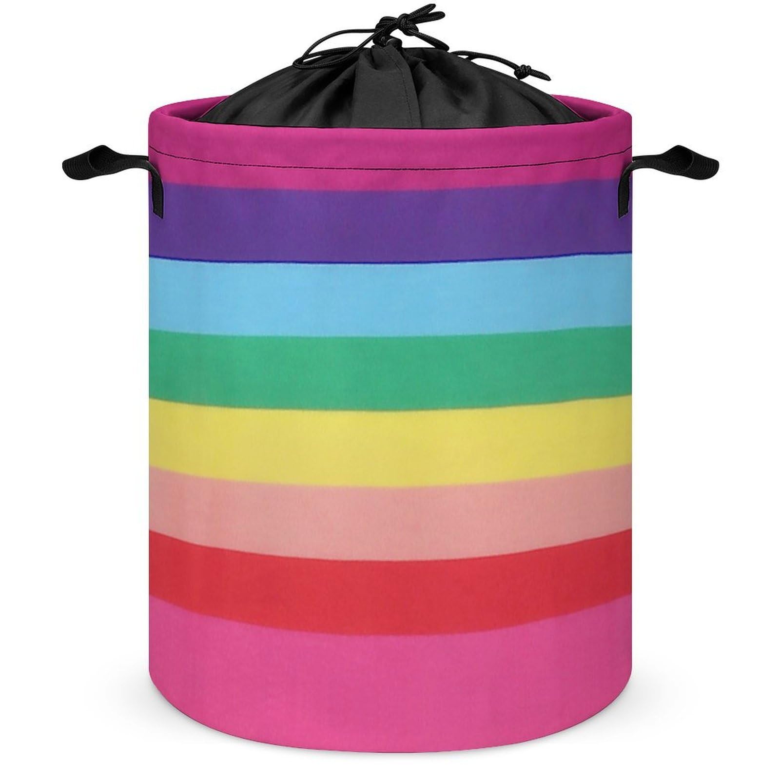 Qjjinxior Drawstring Laundry Hamper, Rainbow Colored Horizontal Striped Lines Laundry Basket, Washing Basket with Handle