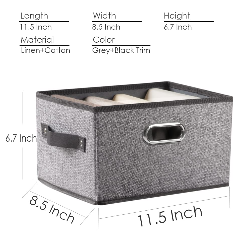 PRANDOM Aufbewahrungskörbe für Schrank, dekorative Stoff-Aufbewahrungskörbe, Würfel mit Leder-/Metallgriffen für Regale, Schlafzimmer, Wohnzimmer, Grau, 29 x 21 x 17 cm, 5 Stück