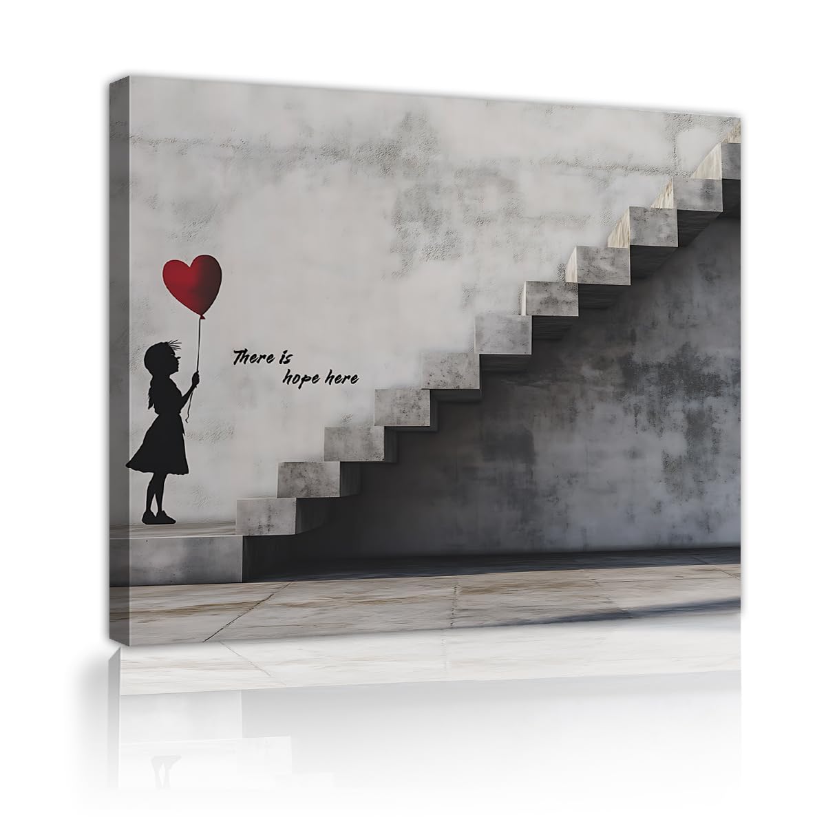 TOANGWALL Heart Balloon Girl Framed Canvas Wall Art Living Room Grey Staircase Red Love Quotes Street Picture Prints for Bedroom Apartment Decor 65x80cm