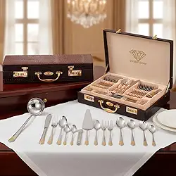 Faqueiro Jogo de Talheres Inox Luxo 84 Peças Dourado Banhado a Ouro Maleta de Couro