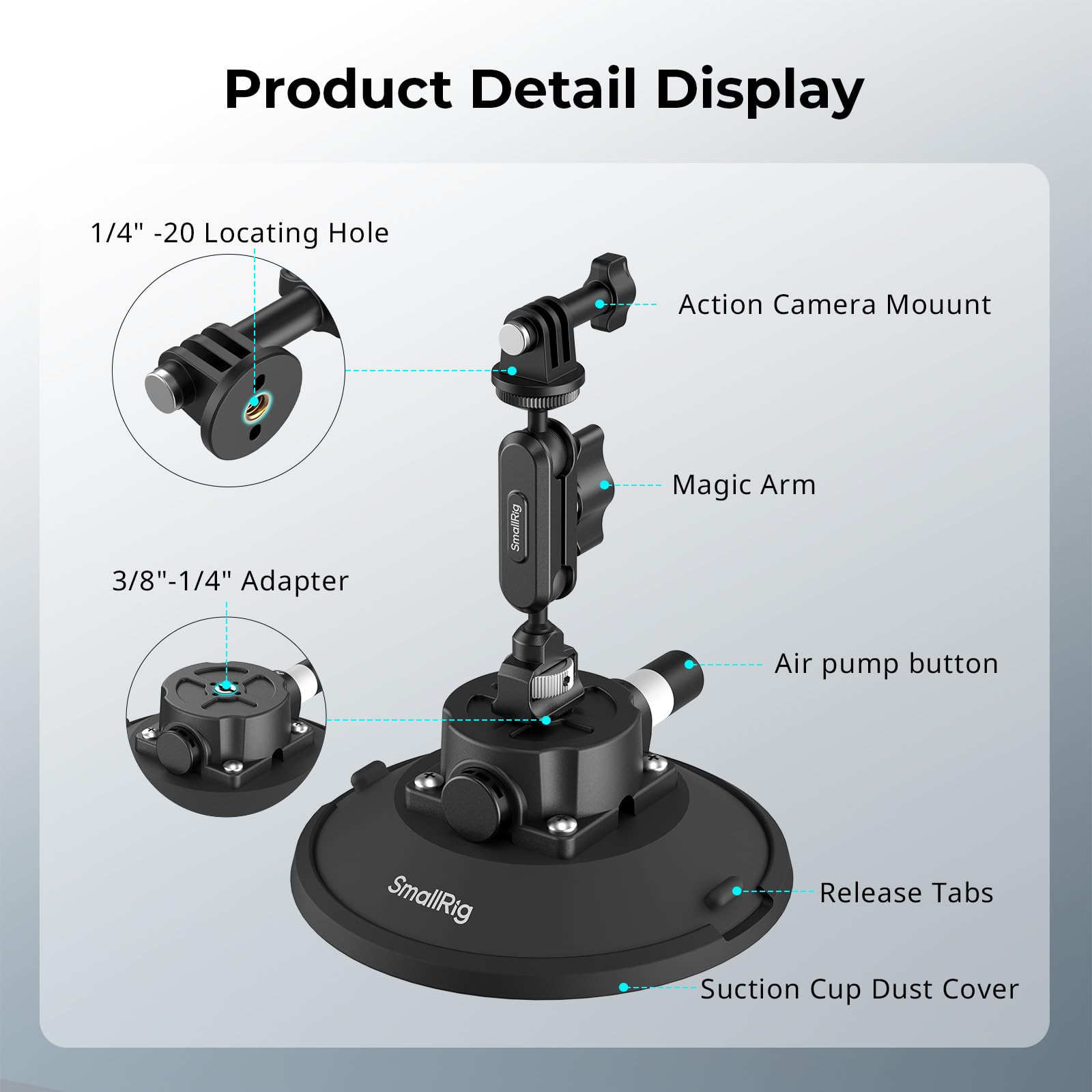 SMALLRIG Uchwyt 6" z przyssawką kulową Magic Arm, uchwyt do kamer sportowych do DJI Osmo Action 5 Pro/4, do Insta360 x5, do GoPro 13/12, udźwig 3 kg, na szybę samochodu lub okno - 5856