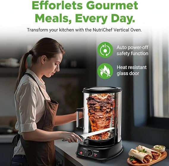 NutriChef Vertical Rotating Shawarma Oven - Rotisserie, Shawarma, Kebab Machine - Stain-Resistant, Energy-Efficient - Heat-Resistant Door - Includes Kebab Rack with 7 Skewers - Stainless Steel