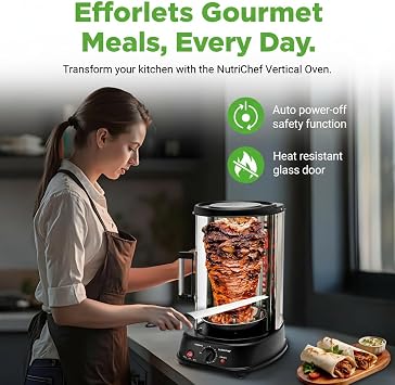 NutriChef Vertical Rotating Shawarma Oven - Rotisserie, Shawarma, Kebab Machine - Stain-Resistant, Energy-Efficient - Heat-Resistant Door - Includes Kebab Rack with 7 Skewers - Stainless Steel