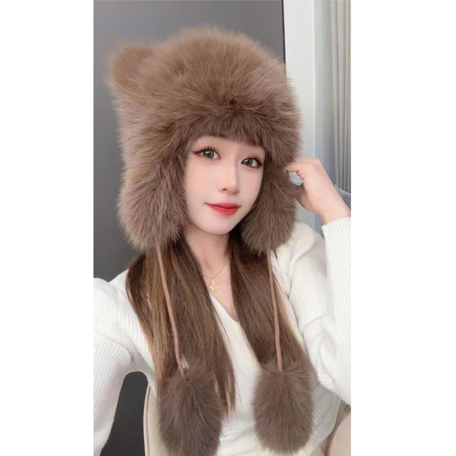 Zaktualizuj czapki zimowe dla kobiet Dwuwarstwowa czapka z polaru z czapką Bobble Pom Pom Hat Urocze style zwierząt,Brown