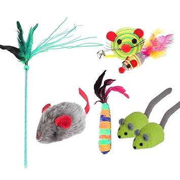 Cature 5 in 1 Cat Toys Kitten Toys Royal Combo - Cat Sequin Feather StickToys,Plush Mouse Toy,Sisal Mouse Toy and Feather Mouse Cat Toys Combo for Kitten Cat Having Fun Exercise Playing(Pack 1)