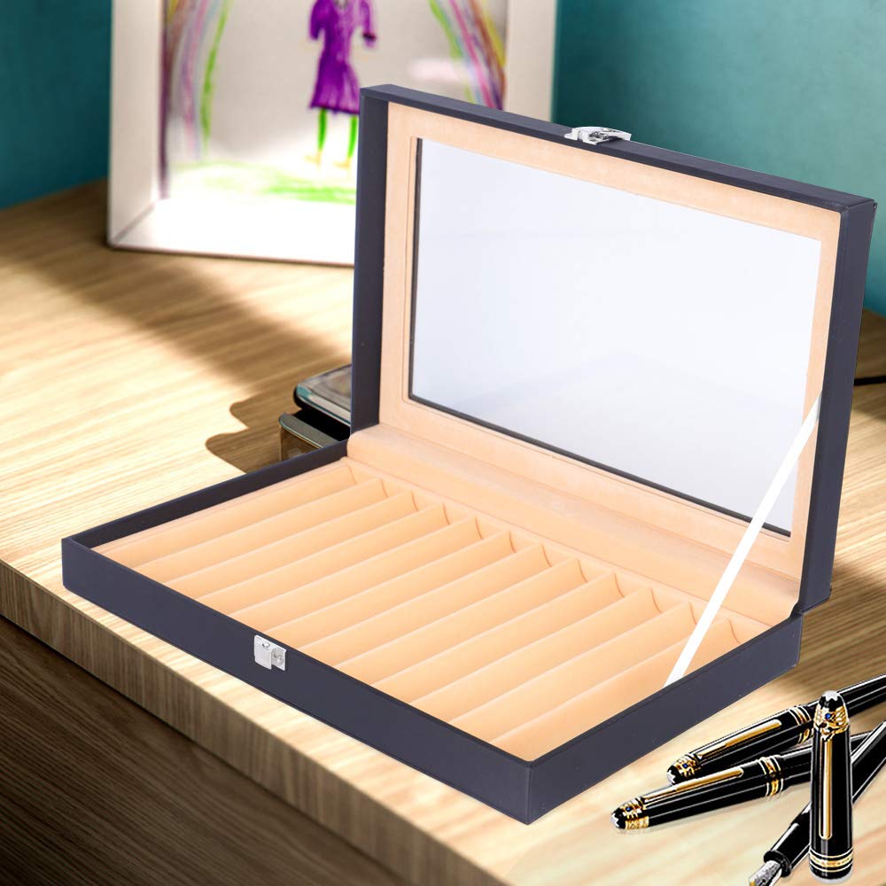 Vulpenhouder, opbergdoos, PU-leer, opbergkoffer, pennenbakjes, stiftweergave, pennenetui, pennen, vulpen, verzameling, display, box, organizer, pennenbox, 24 slots, zwart