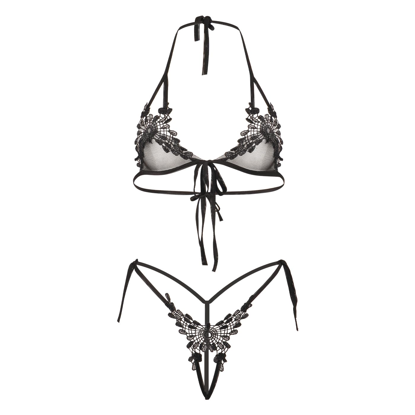QHQQXN Conjunto de lencería Transparente, Sujetador y Panty de Malla Bordada de Dos Piezas, Top Halter con Tiras, Ropa Interior de Hilo pequeño Entrecruzado para Fiesta en la Playa y Club