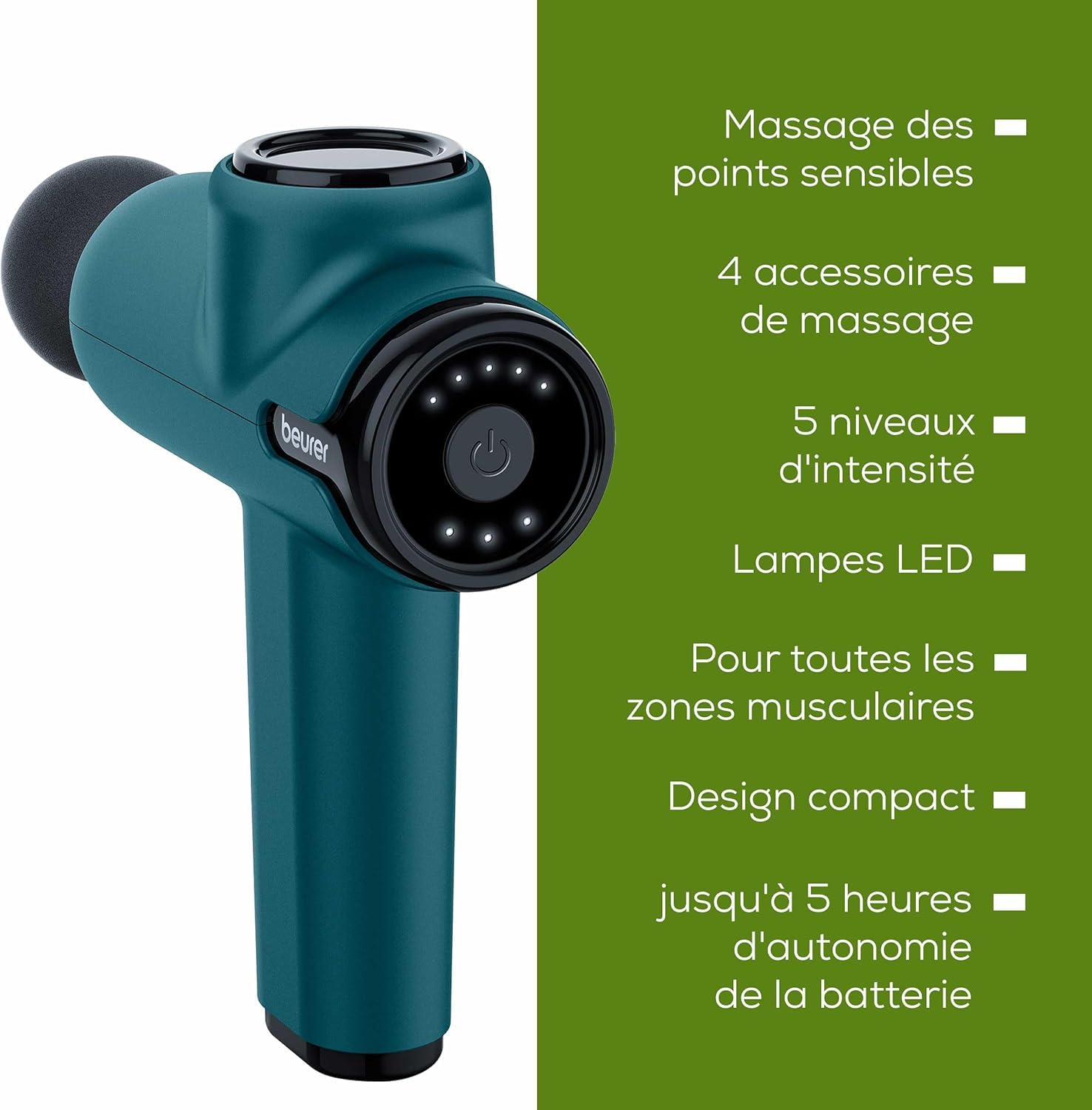 Beurer MG 99 pistolet de massage maniable avec 4 accessoires, massage puissant des points de déclenchement, relâchement des tensions, appareil de massage musculaire compact avec 5 niveaux d'intensité