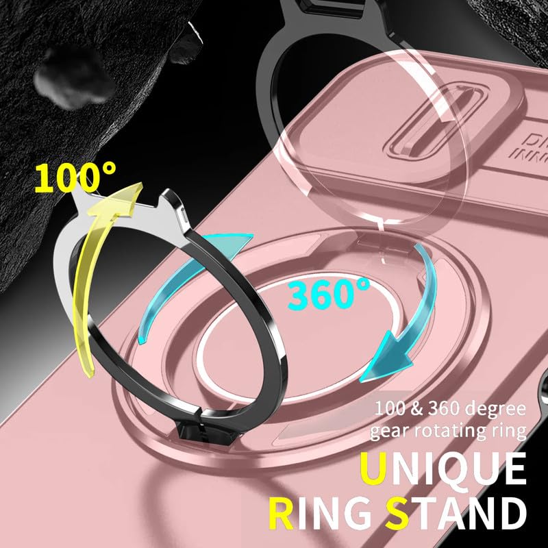 Image of LuxuryKase Shockproof Rugged Case for iPhone 15 | Slide Camera Cover | 360 Rotating Ring Kickstand | Military-Grade Protection - Rose Pink
