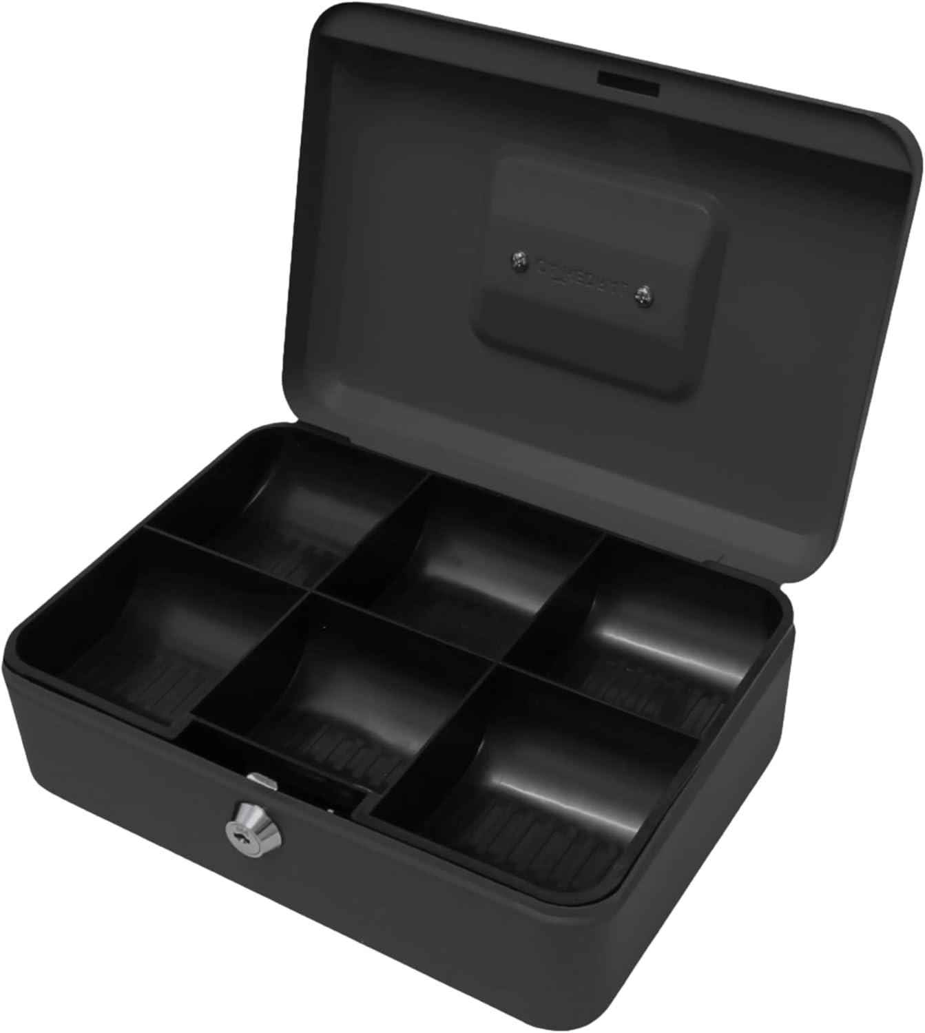 Cathedral Products Key Lockable Cash Box with Lift Out 6 Compartment Coin Tray - 8 Inch - Black