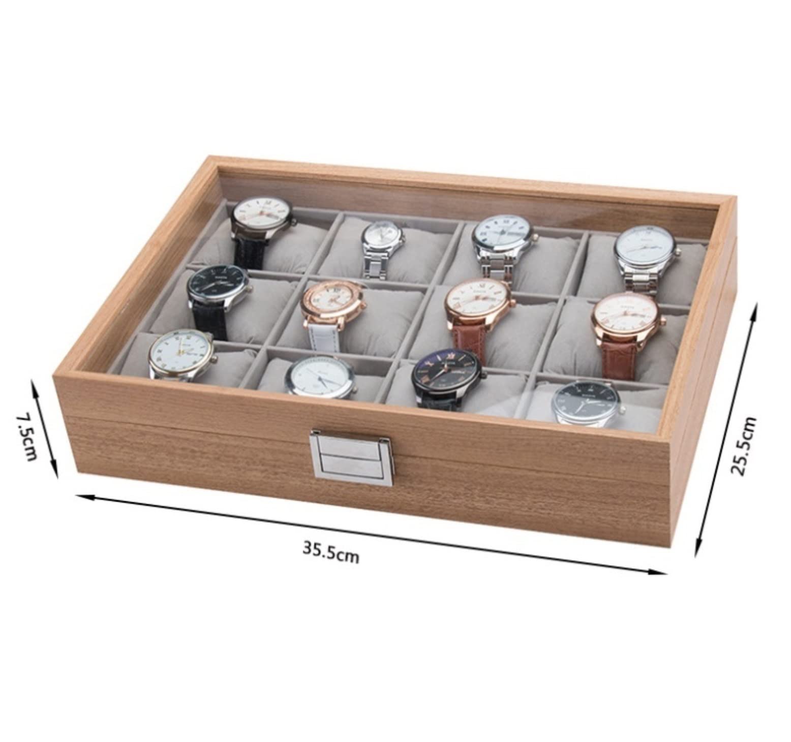 Estuche Relojes Organizador De Almacenamiento Exhibición Relojes Caja Reloj Lujo Simple con 12 Ranuras Madera Moderna Parte Superior Transparente Organizador