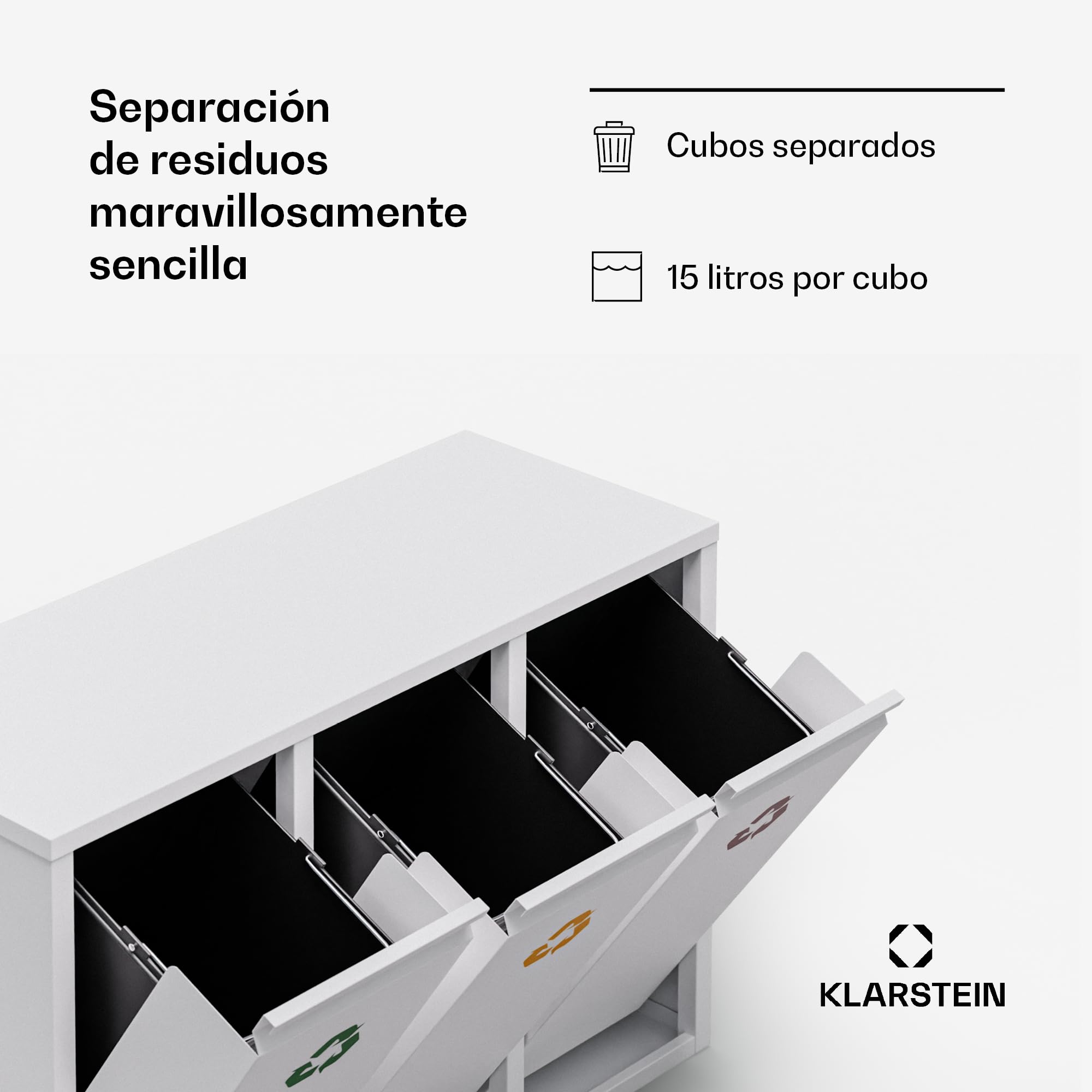 KLARSTEIN Ordnungshüter 3 Cubo de basura cocina - 45L separación de residuos, 3 cubos de 15L, acero inoxidable, extraíbles, papelera cocina