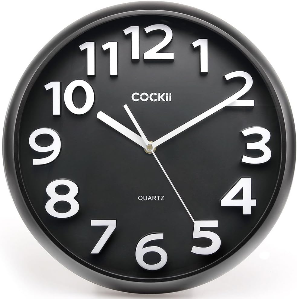 Wall Clock 13 Inch with Large 3D Numbers, Silent Non-Ticking Quartz Decorative Round Clock, Battery Operated, Easy to Read for Home, Office, School (Black)