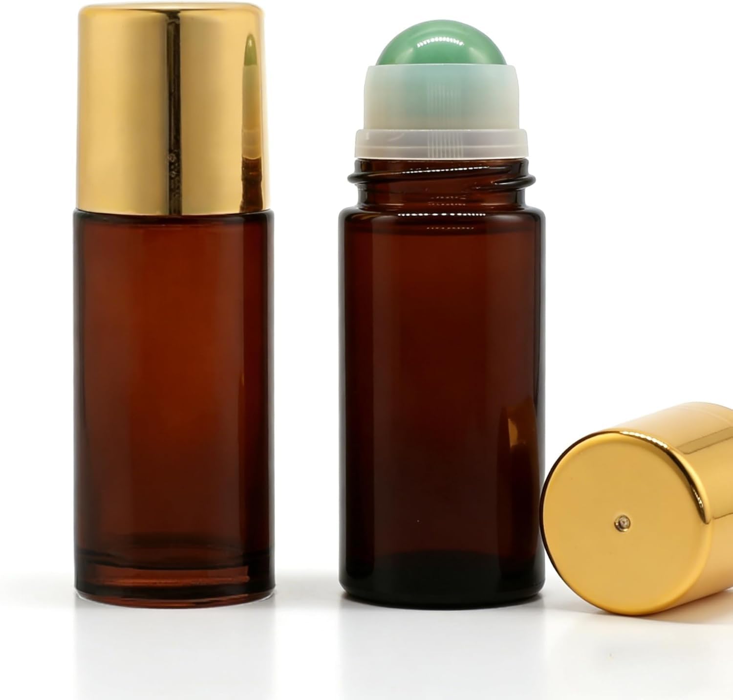 Roll-On 50ml Vuoto (Confezione da 2) in Vetro Ambra con Sfera in Quarzo Rosa e Pietra Verde – Flacone per Olio Essenziale, Deodorante Fai da Te – Include Apriscatole
