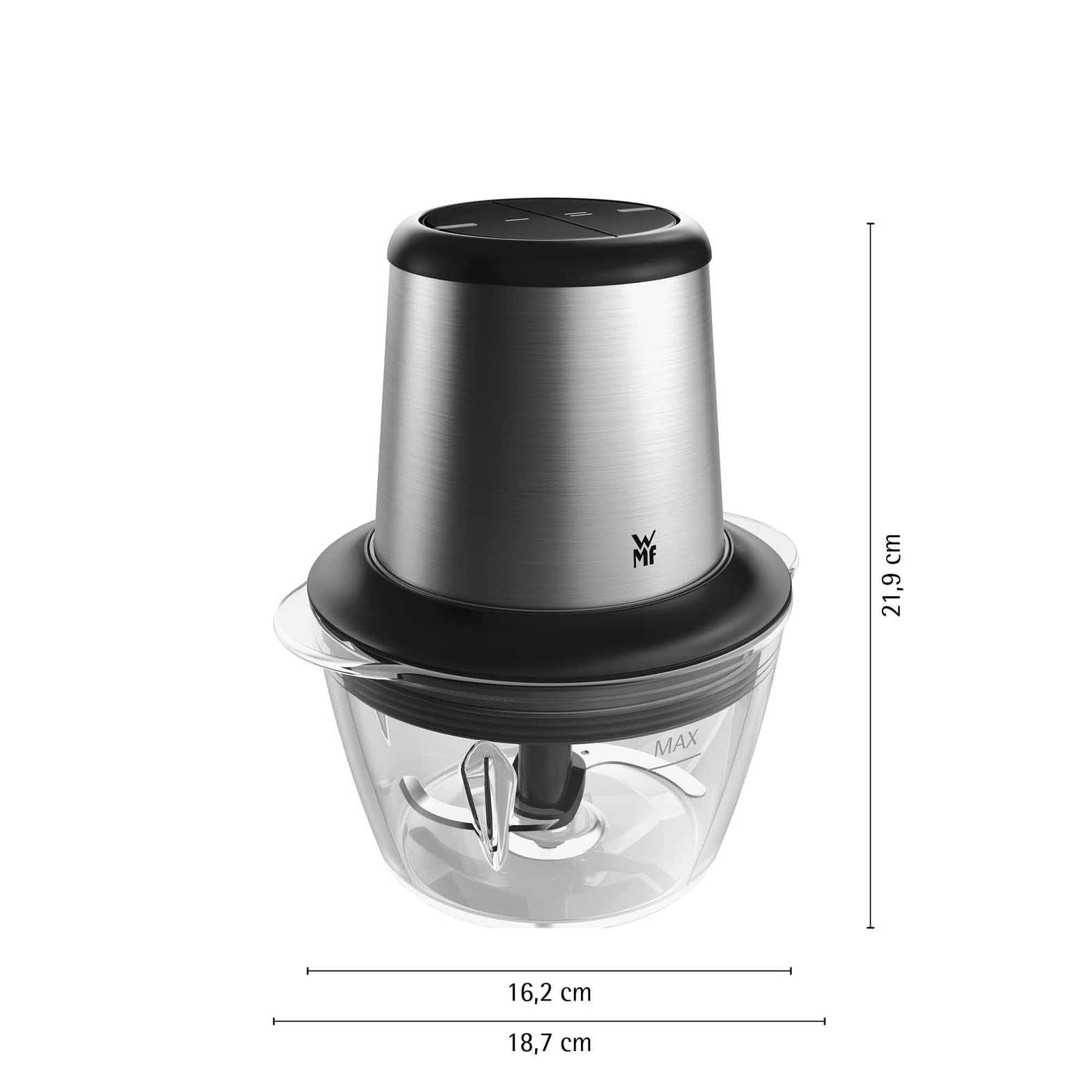 WMF Kult X elektrischer Zerkleinerer – Mini Zerkleinerer und Blitzhacker mit Glasbehälter und Edelstahlmesser, Multizerkleinerer für Gemüse, Kräuter und Nüsse, spülmaschinenfest, kompakt und langlebig