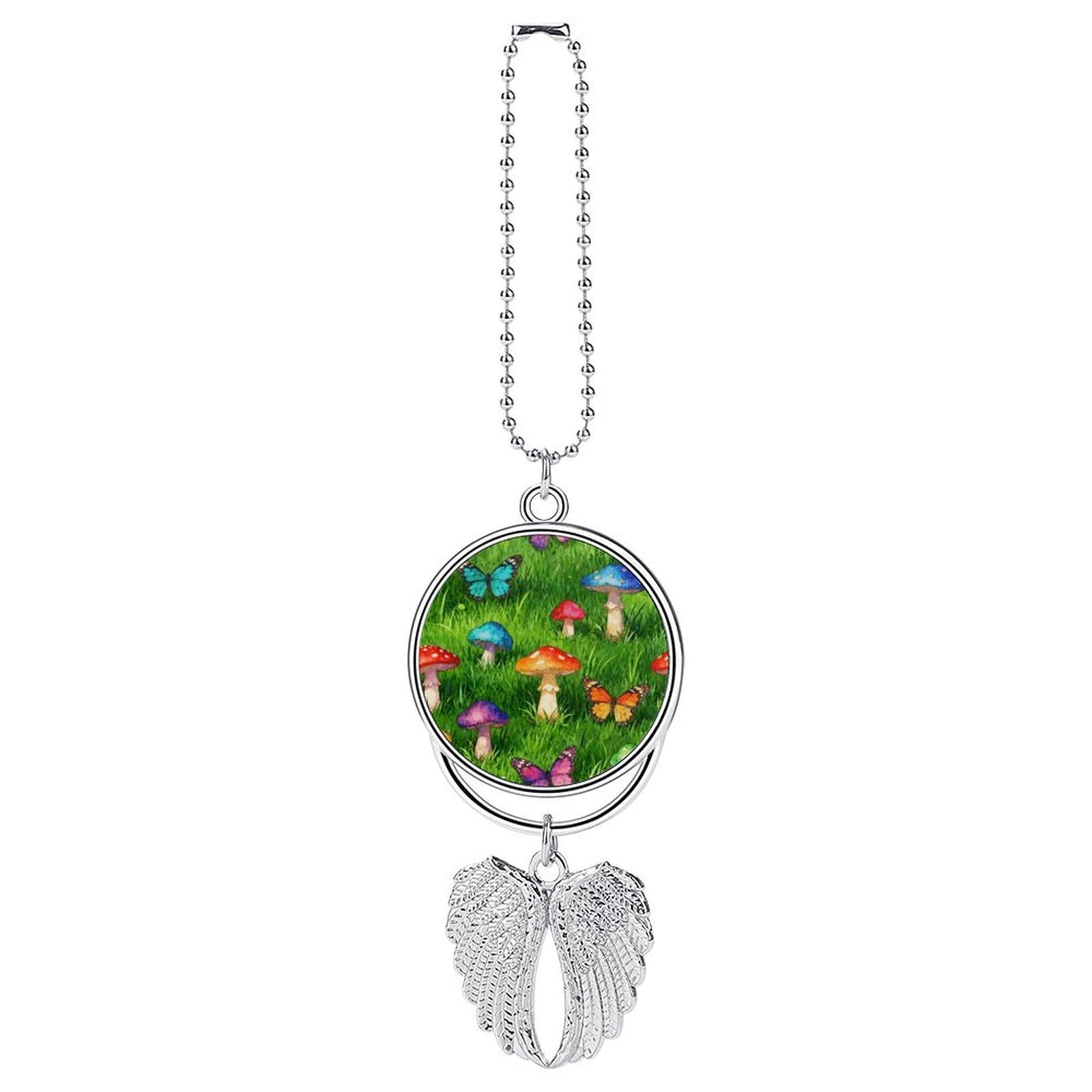 Mushroom Forest Green Car Charm, Alloy Rear View Mirror Pendant, Bling Funny Car Hanging Ornament Gift for Women Men, Car Pendant Lucky Auto Interior Decoration Accessories Silver-Style