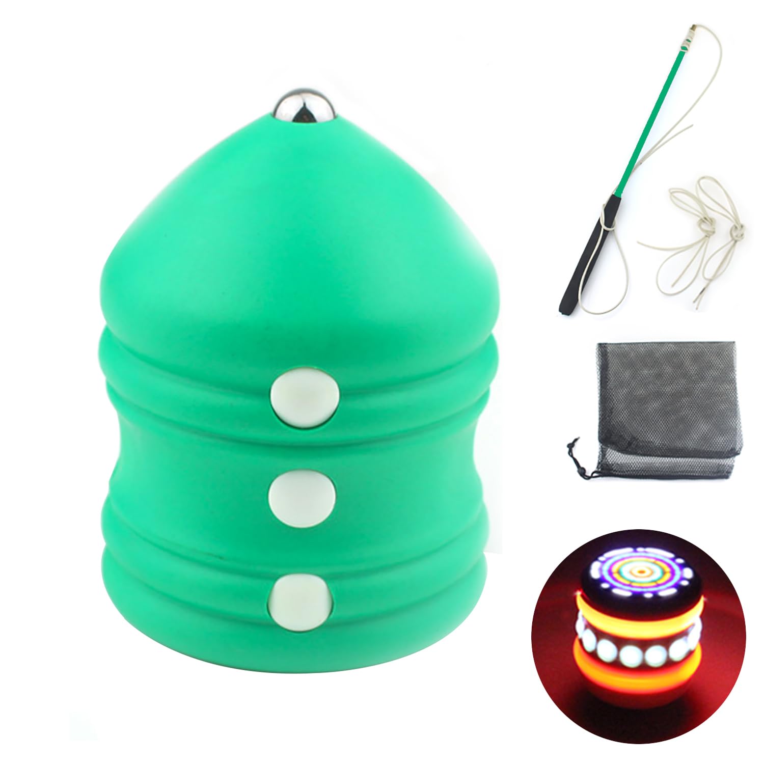 Chinese Whipping Spinning Tops Chinese Gyro Toy Chinese Top Toys with LED Lights -Sturdy Steel Point for Enhanced Stability – Exquisite Craftsmanship – Ideal for Beginners and Intermediates (Green)