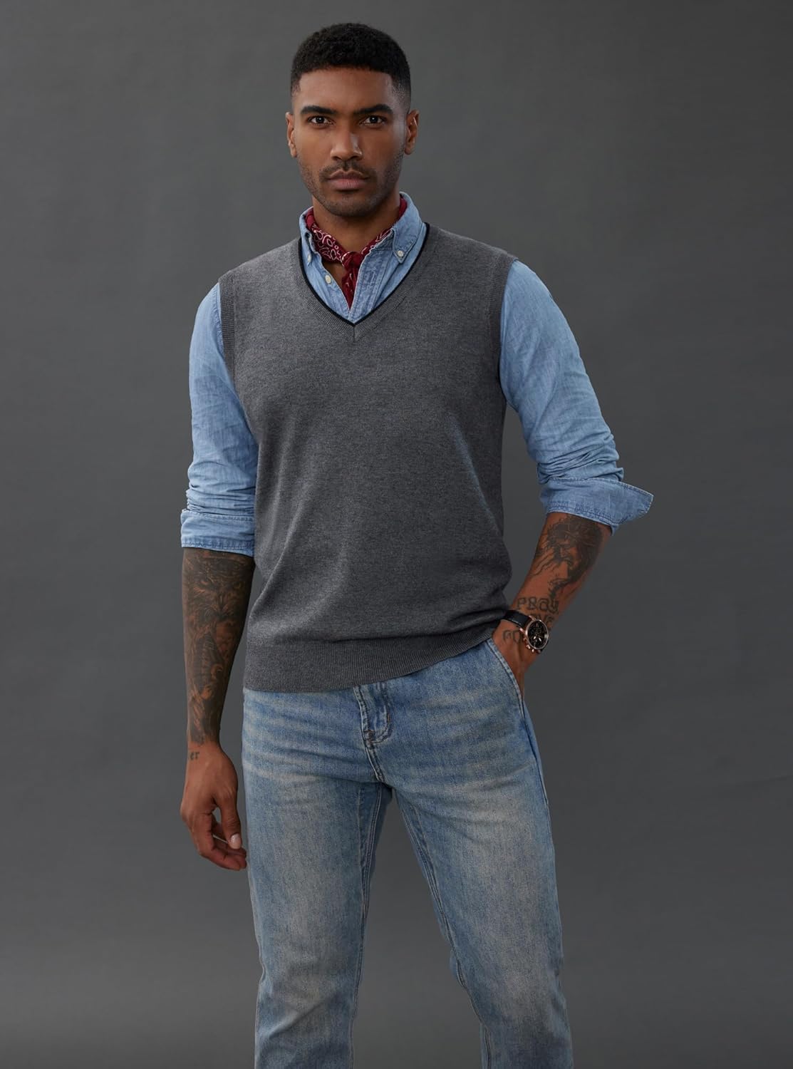 PaulJones Chaleco sin mangas con cuello en V para hombre, ajuste delgado, ropa de punto, suéter de punto, cárdigans, camisetas sin mangas