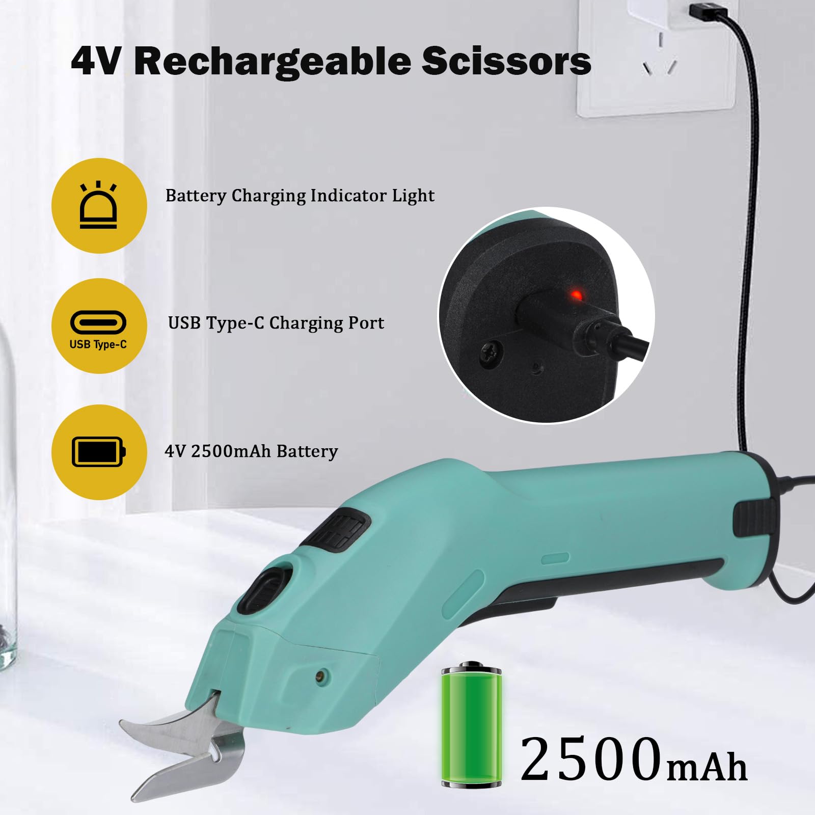 Tijera Electrica, 4V Tijeras Electricas Costura, 2500mAh Tijeras electricas carton, 2 cuchillas de corte Para Tela Para Cartón Cuero Alfombra PVC