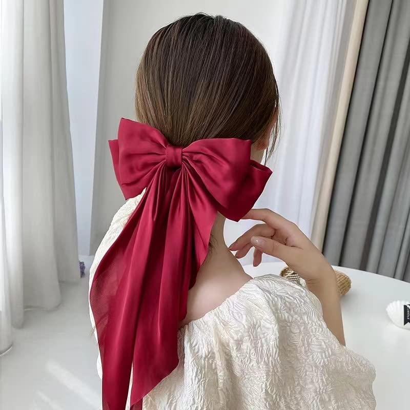 Cinaci 4 Pack Satin Silk Long Large Big Oversized Giant Bow French Barrettes Alligator Hair Clips Ponytail Holder Hair Accessories for Women Girls Teens - Image 4