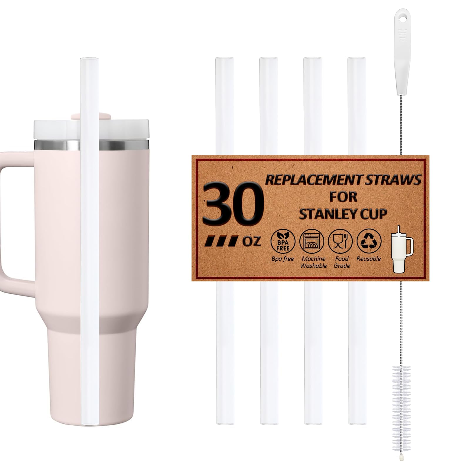 Reusable Straws for Stanley Cup 14/20oz | 30oz | 40/64oz, Replacement Straw with 1 Long Brush for Stanley Cup Accessories，Food Grade & BPA Free, Machine washable（4 pack，30oz, Transparent White）