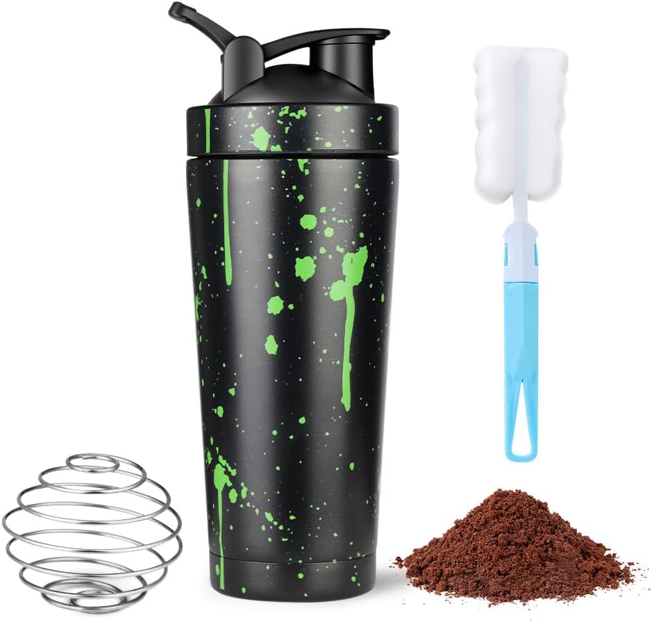 AOOWU Butelka do wytrząsania proteinowego z kulką do mieszania ze stali nierdzewnej, 750 ml, ze stali nierdzewnej, białko i suplementy, szczelna metalowa sportowa butelka na wodę, bez BPA, na siłownię