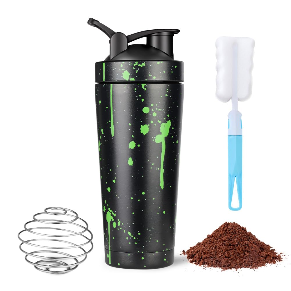 AOOWU Coctelera de Proteína de Acero Inoxidable, 750ml Botella Batidora de Proteínas con Bola Mezcladora, Protein Shaker con Cepillo limpieza, BPA Libre, Coctelera de Proteína Sport Fitness