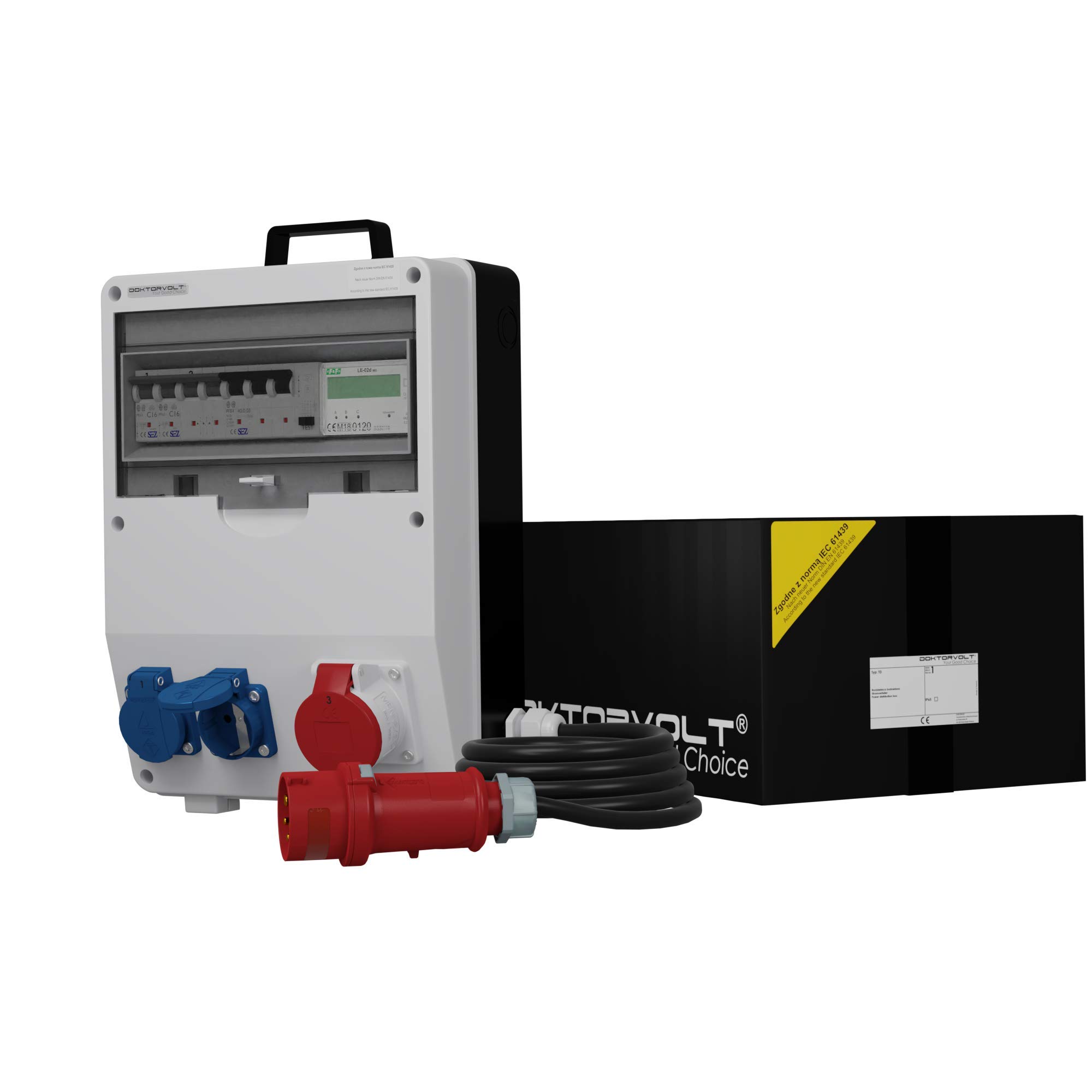 Doktorvolt Stromverteiler TD-S/FI mit Mennekes Steckdosen-Kombination 2x 230V Schuko 1x 16A CEE, mit MID Stromzähler, LS-Schalter FI-Schalter, Kabel mit Stecker, Baustromverteiler verdrahtet IP44