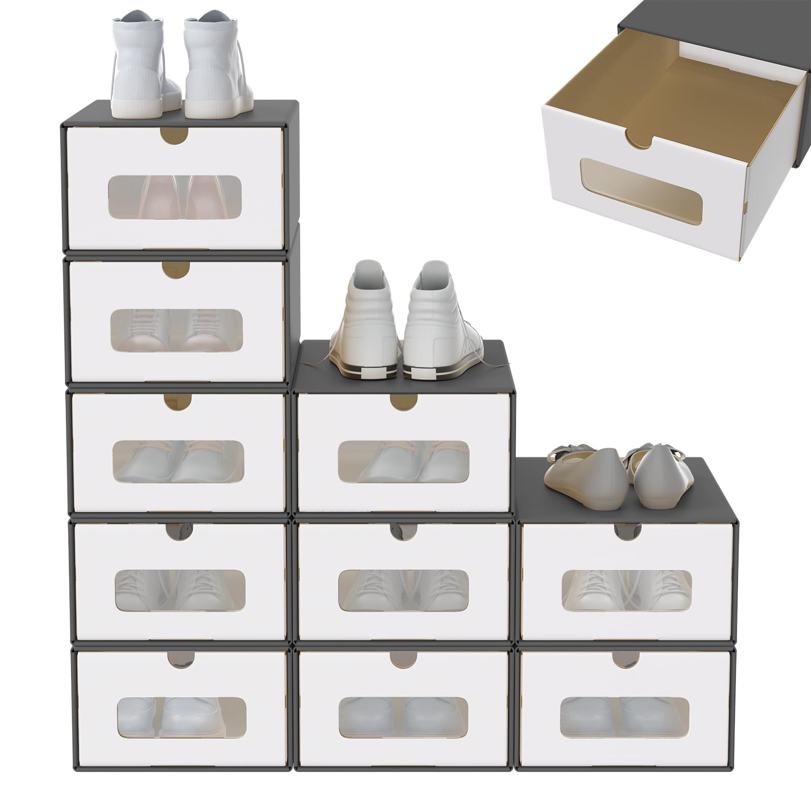 SAILUN Stackable Shoe Storage Boxes, 10 pcs Foldable Kraft Cardboard Shoe Boxes with Lid & Clear Window, Space Saving Shoe Organiser for Trainers, Boots & Heels (Anthracite)