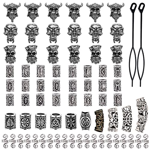 74 Pieces Viking Beard Beads Celtic Beads Antique Norse Hair Tube Beads Pirate Skull Dreadlocks Beads for Hair Braiding Bracelet Pendant Necklace Silver DIY Jewelry Hair Decoration