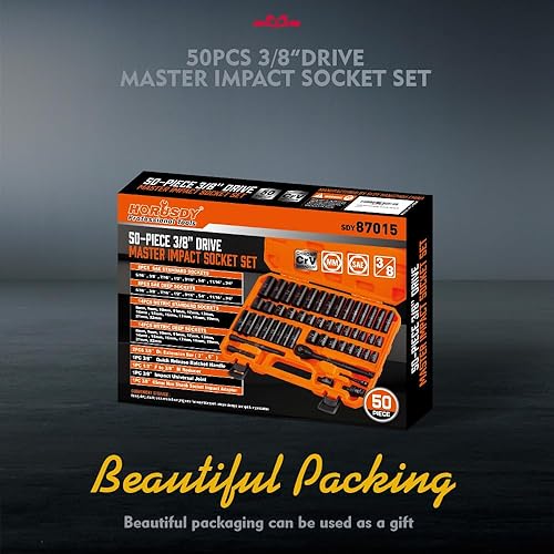 Miniatura 9 de HORUSDY Juego de llaves de impacto de 38 pulgadas, 50 piezas SAE estándar (516 a 34 pulgadas) y tamaño métrico (0.315-0.866 in), 6 puntos, Cr-V,