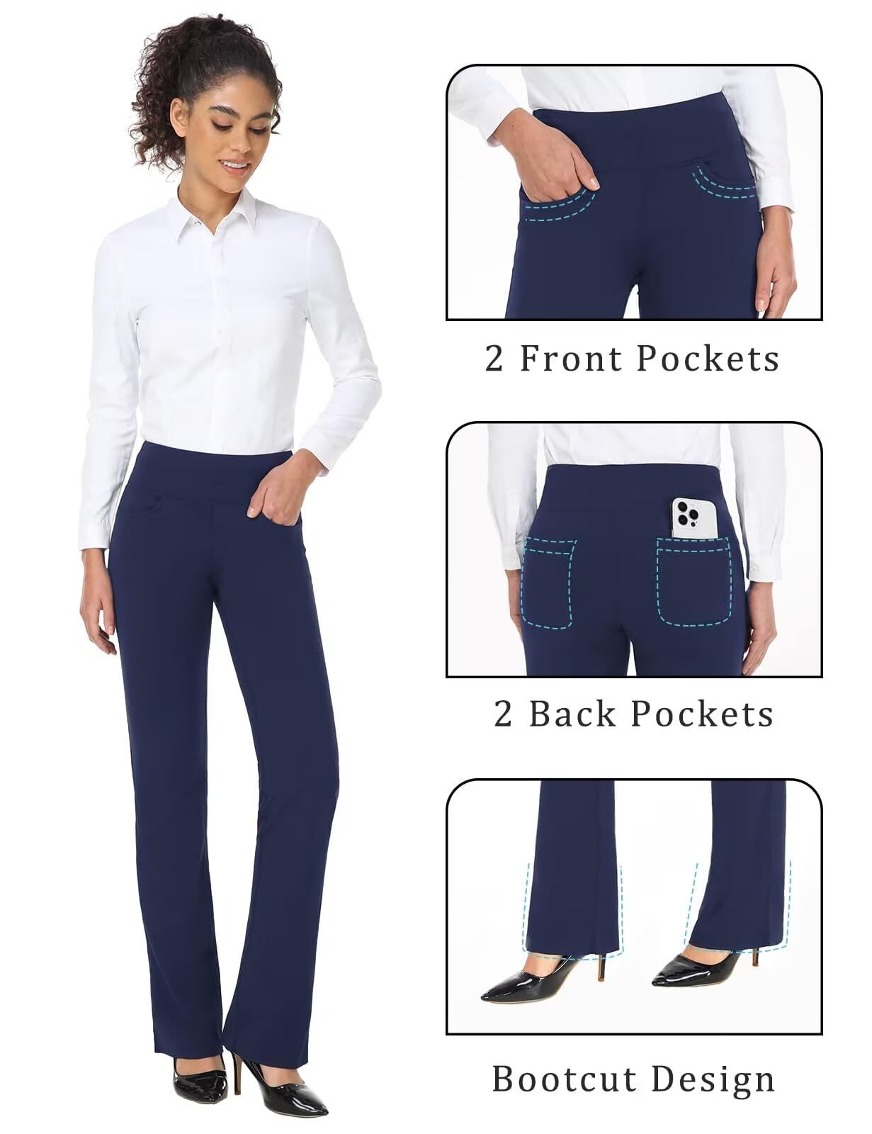 Safort Damskie spodnie do jogi Bootcut, wysokie, 79-86 cm, rozkloszowane długie spodnie, rozciągliwe, biznesowe, z kieszeniami