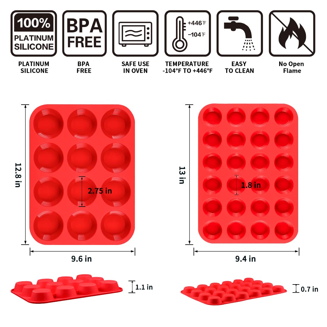 CAKETIME Teglia per muffin in silicone, Stampo per Muffin, Stampo Dolci, 12 tazze regolari e mini 24 tazze per muffin, set di 2 padelle per cuocere i morsi di uova