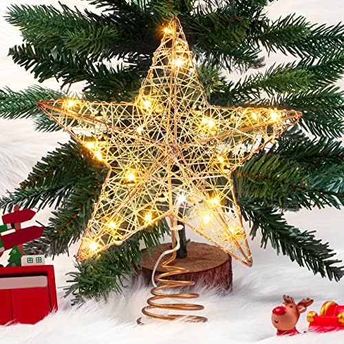 MILFUNY Christmas Tree Topper Star with Golden-Beads, 11.8 Inch Tree Glittered Tree-top with Warm and Flash Lights for Christmas Ornaments and Holiday Seasonal Decor (Gold)
