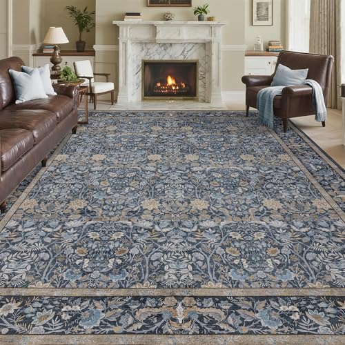 Tapete lavable sala 9x12 Boho floral azul pizarra miniatura 1