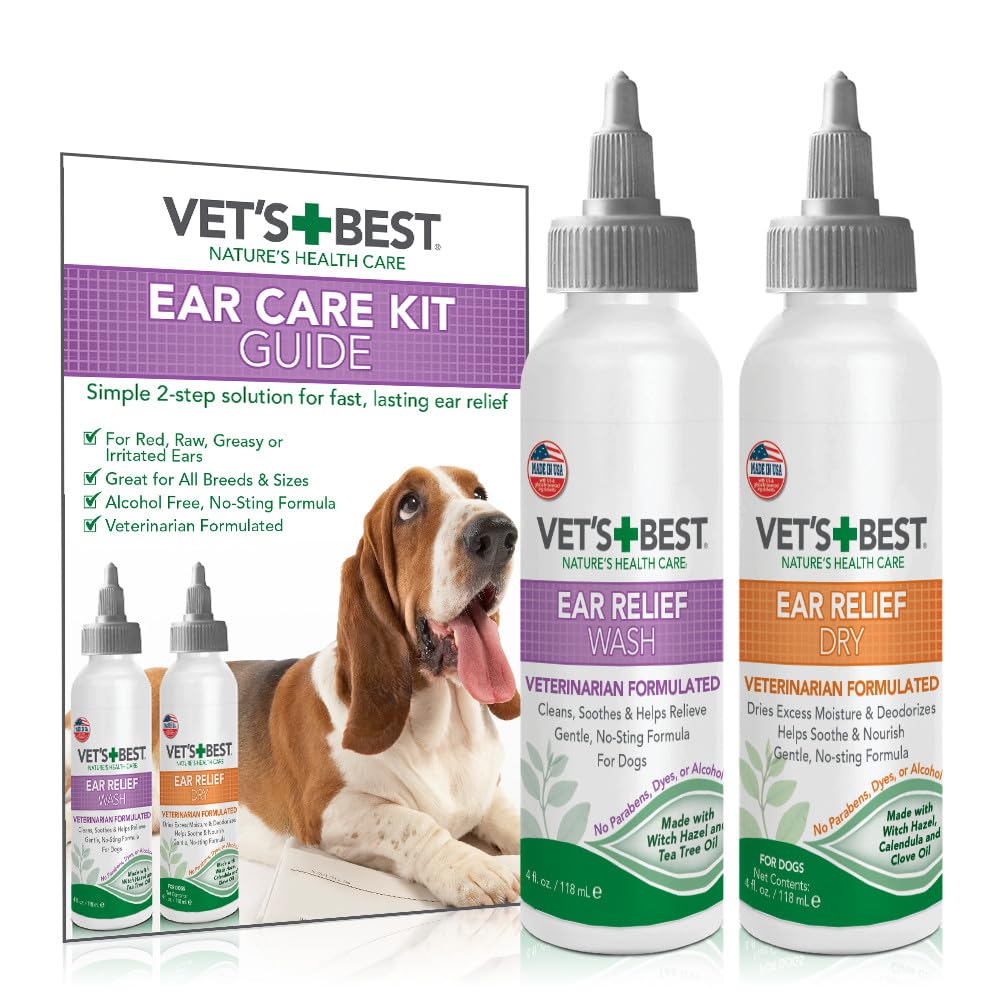 Vet's Best Dog Ear Cleaner Kit - Multi-Symptom Ear Relief - Wash &amp; Dry Treatment - Alcohol-free