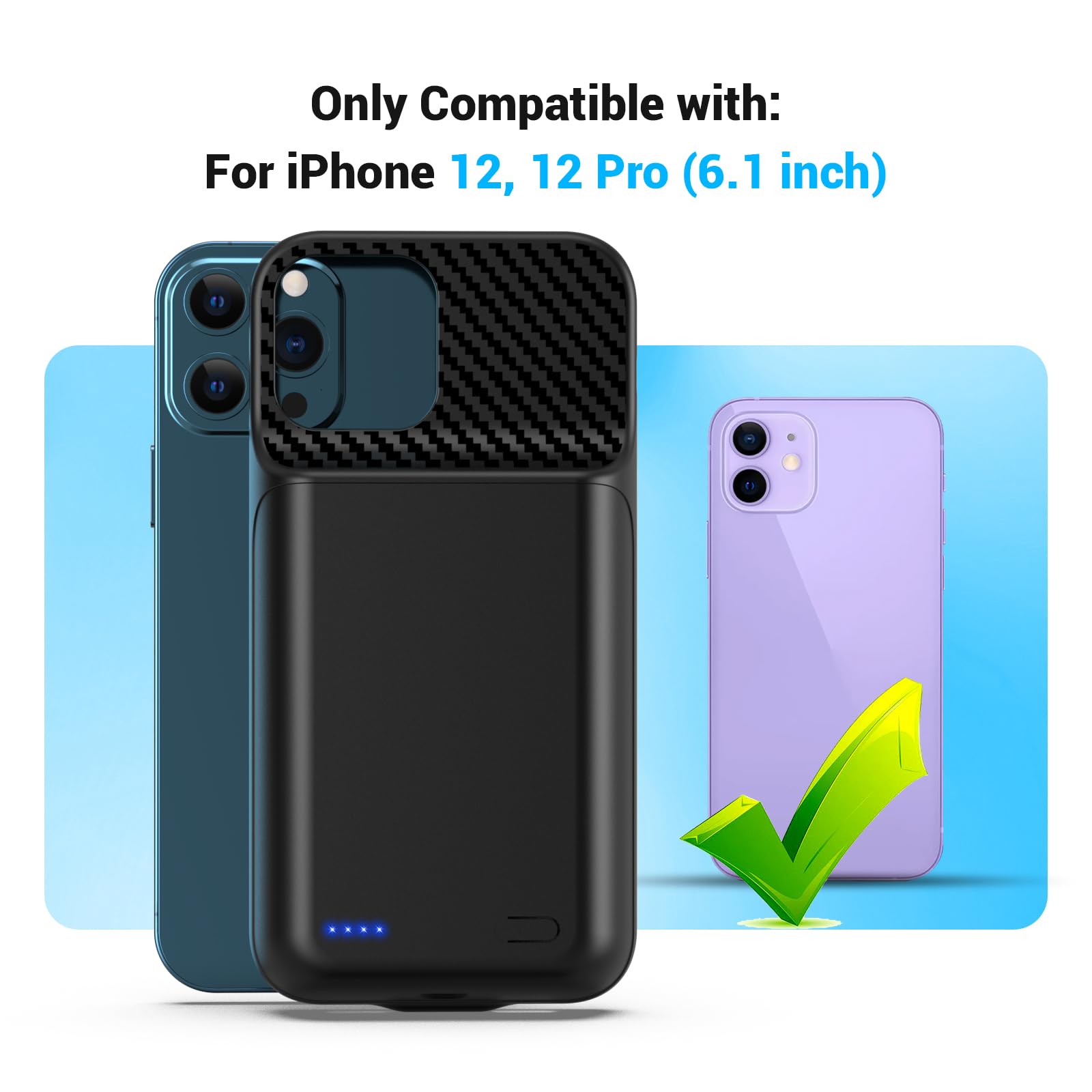 Produktbild von Akku-Hülle Für IPhone 12/12 Pro Ladehülle, Echte 7000 MAh, Wiederaufladbar, Smart Extended Charger Case, Ultradünn, Tragbar, Schützende IPhone 12 Powerbank Mit Lightning-Kabel