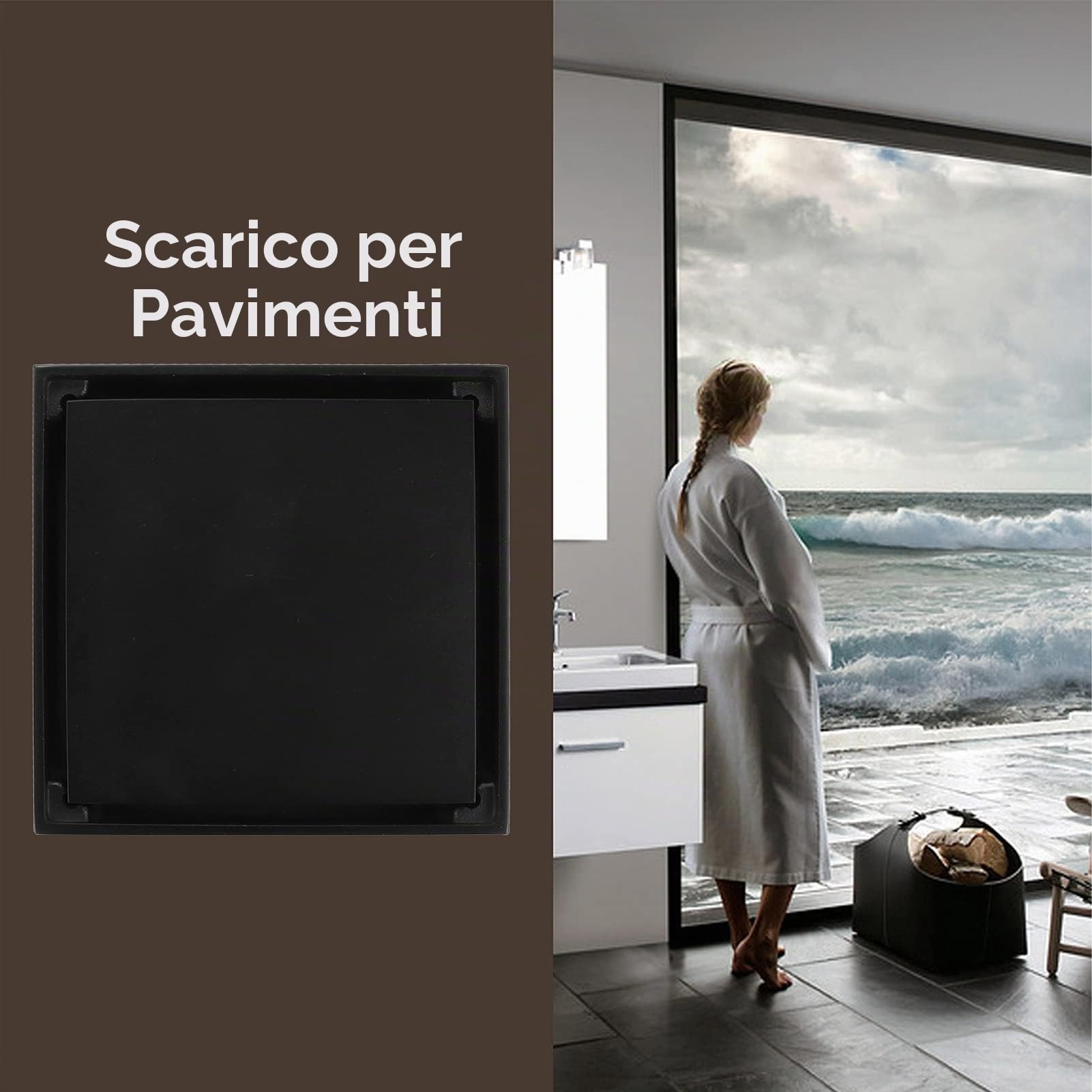 Buachois Scarico a Pavimento,10x10 cm Piletta Doccia a Pavimento Quadrato Nero con Griglia di Copertura Rimovibile,Doccia Quadrato Scarico a Pavimento in Rame Filtro per Cucina Bagno Balcone