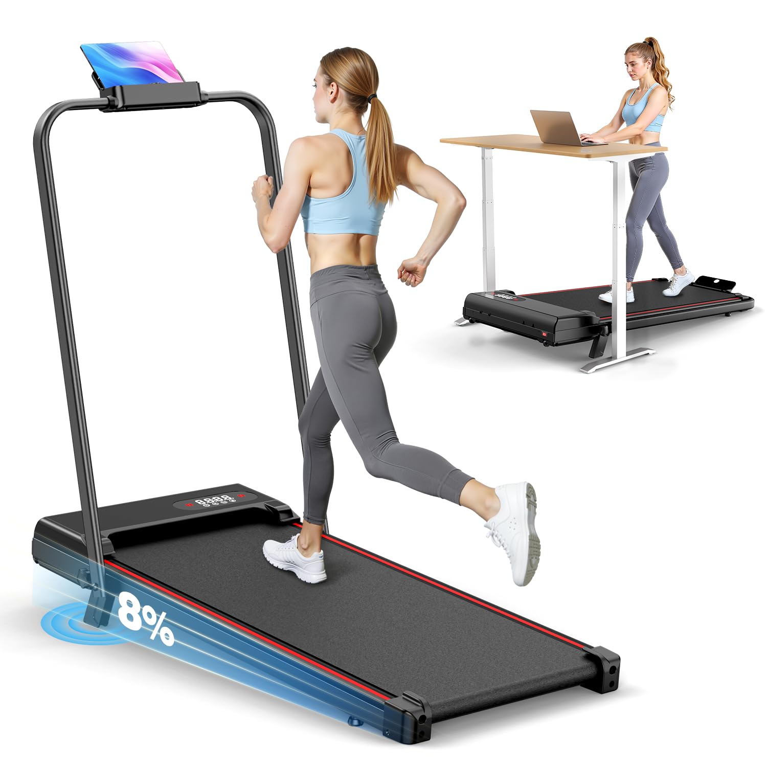 bigzzia Foldable Treadmill for Home, 2.5HP Walking Pad with Incline and Handle, 1-8km/h, Compact Folding Treadmill Under Desk with Remote Control & LED Display, 130kg Capacity (Black) — image 1