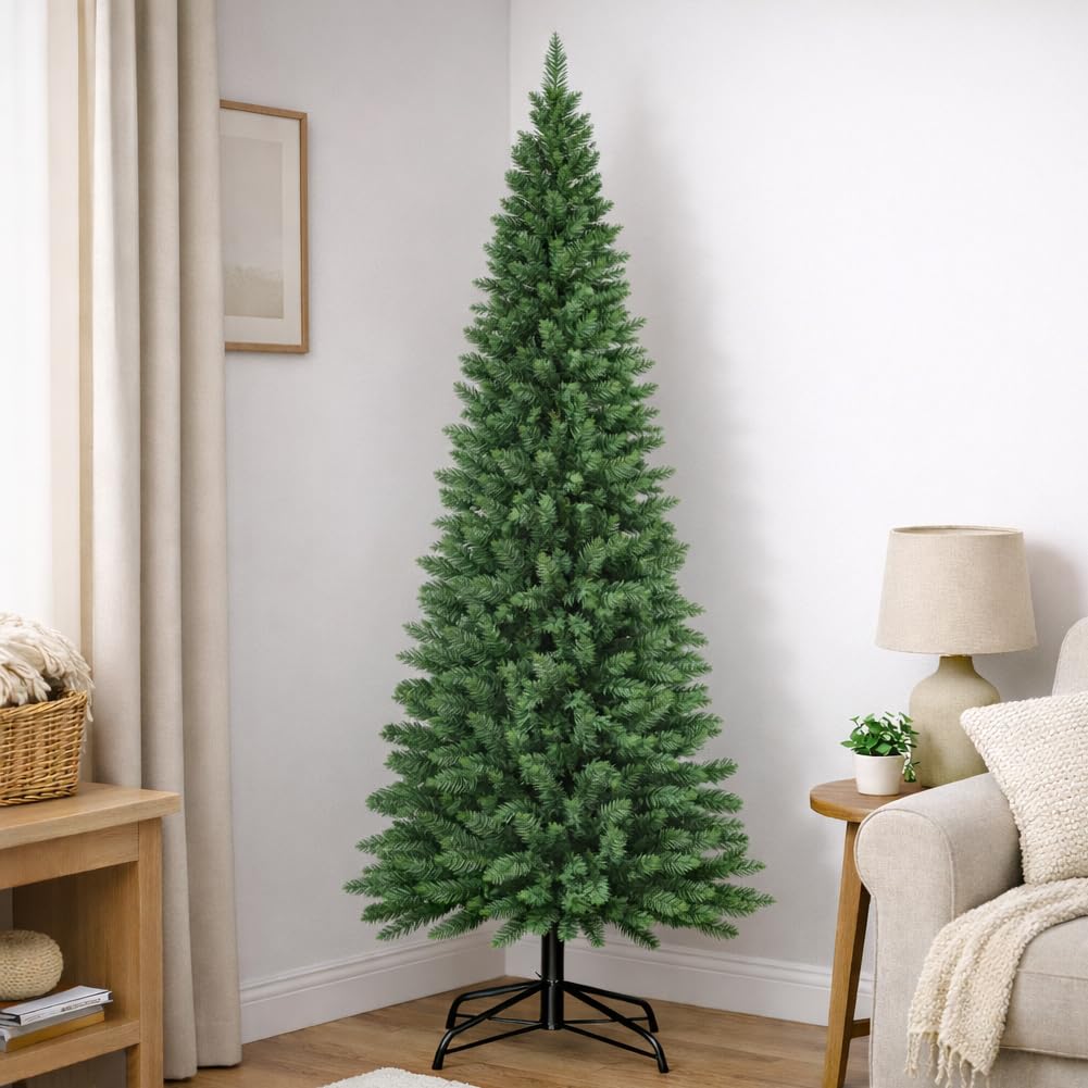 BAKAJI Albero di Natale Slim Molto Folto Ecologico e Ignifugo con Base a Croce in Ferro Pieghevole, Decorazione Natalizia Salvaspazio Foltissima con Rami Realistici (Verde Pino dei Sogni, 210 cm)