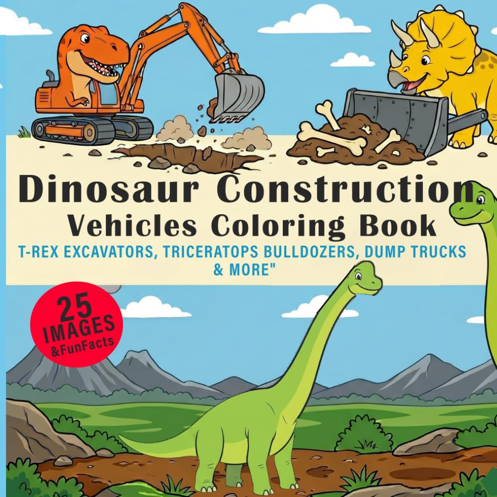 Dinosaur Construction Vehicles Coloring Book: Fun Diggers, Dump Trucks, Excavators, and Cranes Mixed with T-Rex and Triceratops for Kids Ages 4-8