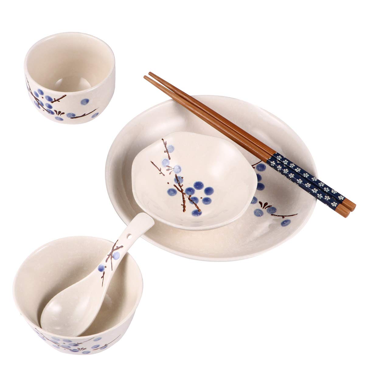 FRCOLOR Service de Vaisselle Complet Japonerie en Céramique et Bois 6 Pièces Personne Design Fleur de Prunier et Artisanat Raffiné