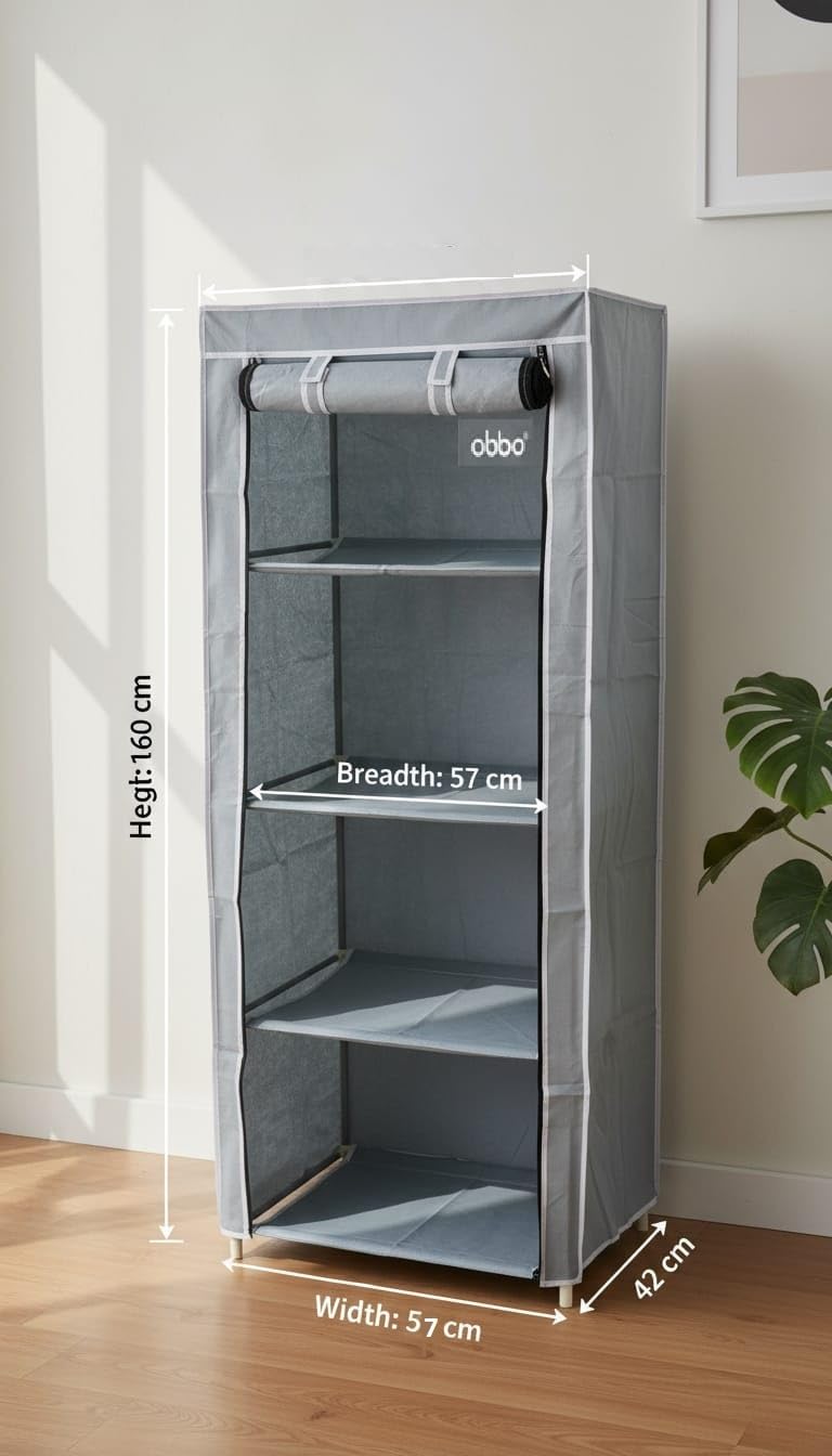 OBBO 4-Layer Single Rack Wardrobe | Portable Foldable Fabric Closet with Steel Frame & Protective Cover | Compact Storage Organizer for Clothes, Toys, Books & Accessories 4