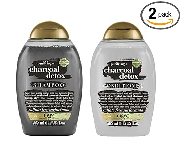 OGX Purifying + Charcoal Detox Shampoo & Conditioner Combo Pack of 2 | with Coconut Charcoal & Kaolin Clay | For Dry, Color Treated, Greasy, Oily, Curly hair 385+385ml