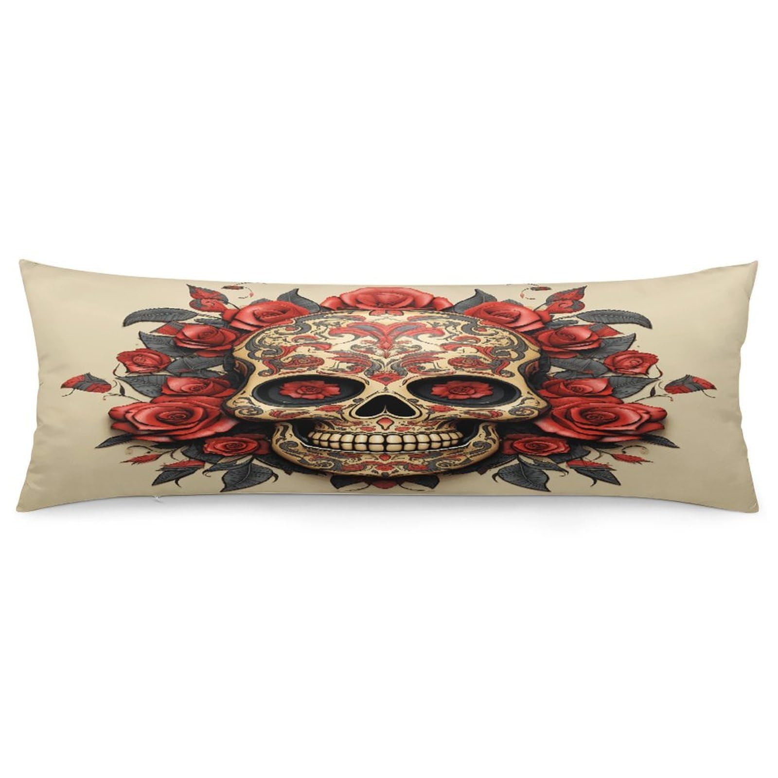 Body Pillow Pillowcase 19x53 Inch Red Rose Sugar Skull Print Body Pillow Cover with Hide Zipper Super Soft Cozy Long Pillow Case Rectangle Long Body Lumbar Cushion Case for Bedroom