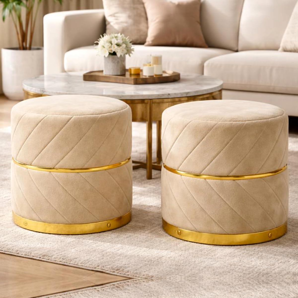 Home wood Premium Velvet Puffy Ottoman Stool for Living Room | Round Footrest with Diagonal Channel Stitching & Gold Metal Base | Luxury Pouffe for Bedroom & Dressing Area (Set of 2 Cream)-image-34